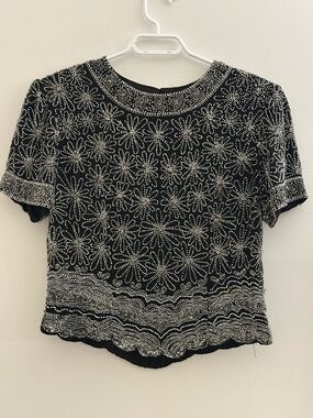 Vintage Papell Boutique Evening Silk Beaded Top - Black Silver - Size M